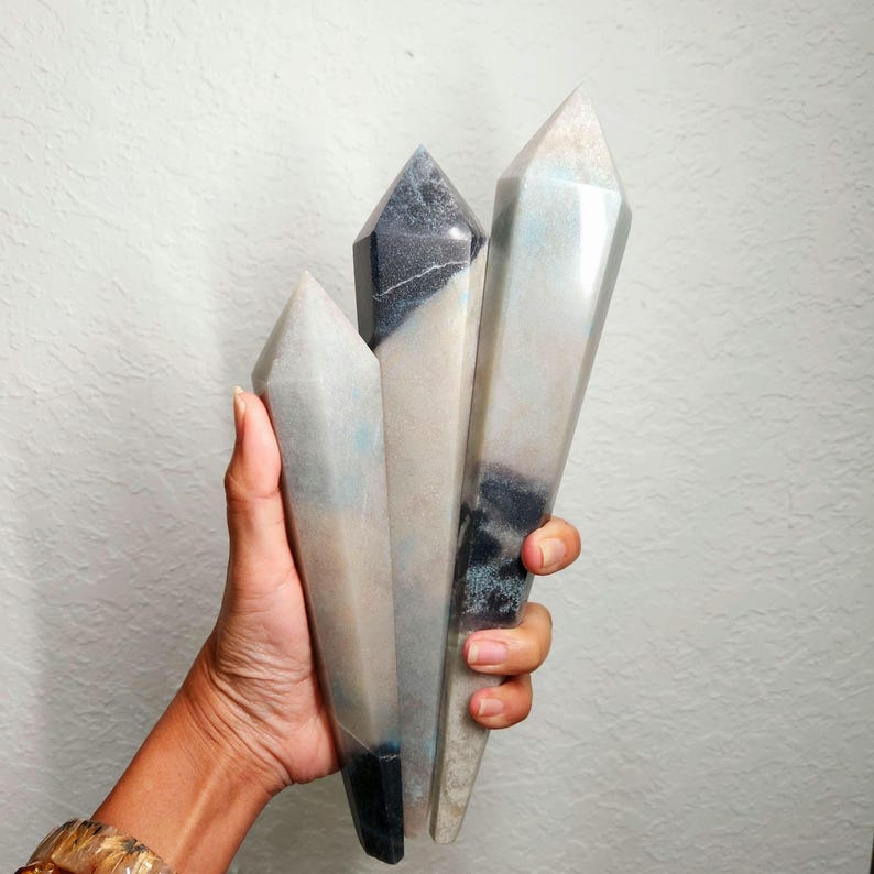 Trolleite wands on stand. Choose from 8" tall to 10.5" tall Trolleite crystal scepter. Ideal as home decoration and gifts to crystal collecting family and friends.