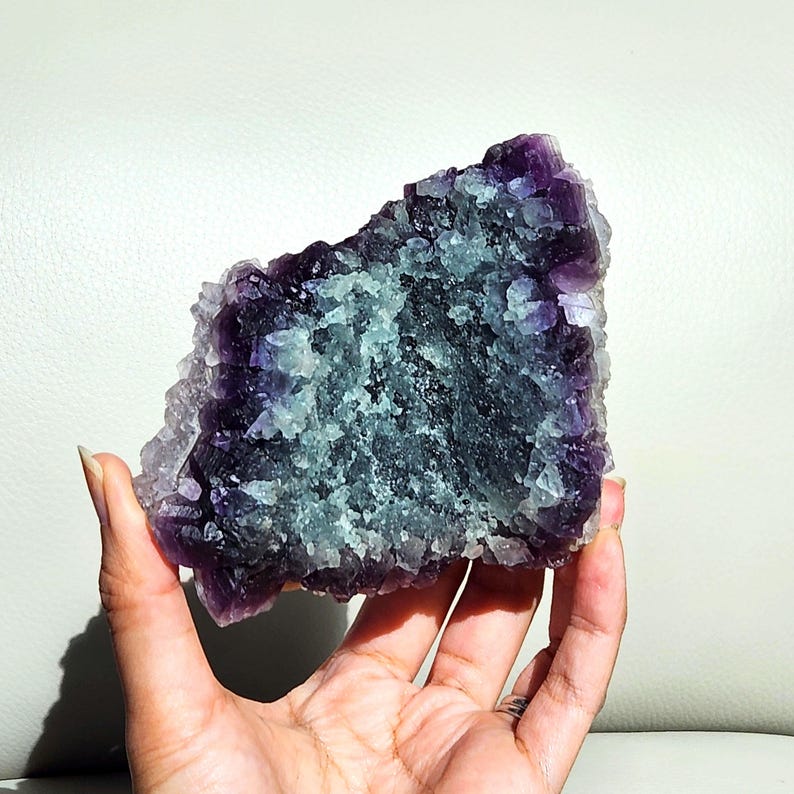 Rainbow Fluorite specimen on white fluorite cubic matrix. This unique rough mineral has beautiful layers of white, purple and green fluorite. Perfect gift to all crystal collecting family and friends.