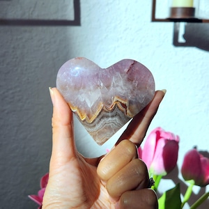 Amethyst Mexican Lace Heart • 3.22&quot; Polished Crystal Heart •Amethyst Lace Agate Heart• Crystal home decor gift• stand included