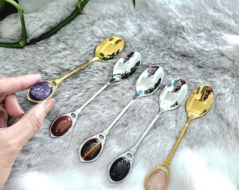 Crystal spoon - Teaspoon with gemstone- Apothecary Spoons - Alter spoons- Witchy spoons - Crystal spoon gift - comes with clear holder