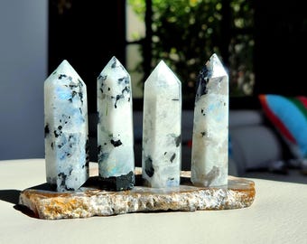 Punta de Torre de Piedra Lunar, Obelisco de Piedra Lunar, Colección de Tallas de Cristal de Piedra Lunar Arcoíris, Regalo de Sanación Metafísica, Decoración del Hogar