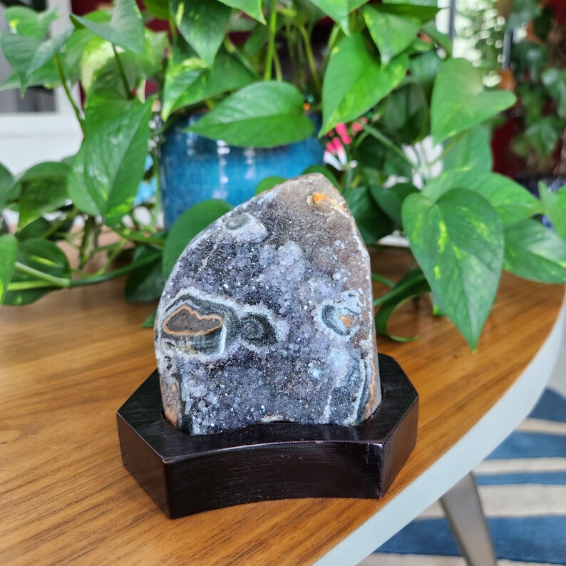 Amethyst Free Form with customized wooden base. this sparkly and unique crystal specimen has stalactite within the gray amethyst minerals. Perfect gift to all crystal collectors. Beautiful crystal home decoration displays.