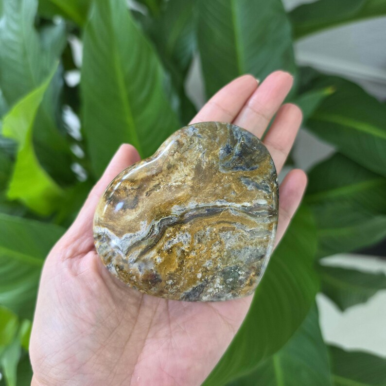 May include: A heart-shaped polished stone featuring a complex pattern of swirling brown, tan, grey, and white mineral veins. The surface is smooth and glossy, displaying natural variations in color and texture throughout the entire piece.
