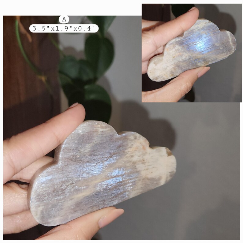 Super flashy Moonstone cloud shape carving in various sizes. Each piece is beautiful on its own. A fun gift to all family and friends. Strong blue and silver flashes in each piece.