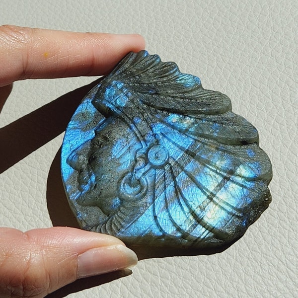 Labradorite Native American Indian • Flashy Blue labradorite Indian Head crystal carving •  crystal gift, alter crystal ornament