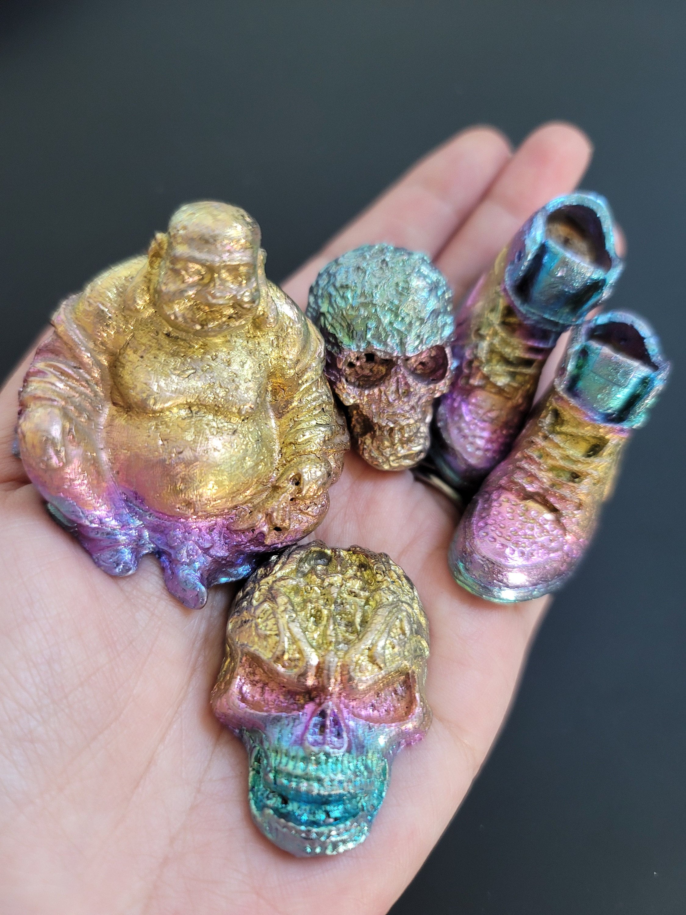 Bismuth Crystal Skull, Sneakers, Buddha Carving • Rainbow Bismuth