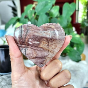 Pink Picture Jasper Heart • 2.9&quot; Picture Jasper gemstone heart carving • Picture stone crystal heart shape gift healing home decoration