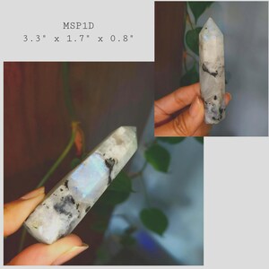 May include: A polished moonstone crystal tower with a hexagonal point, featuring white, grey, and black inclusions with a blue iridescent flash. The text MSP1D and dimensions 3.3 inches by 1.7 inches by 0.8 inches are printed on the image.