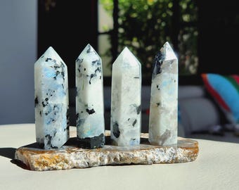 Moonstone Tower Point, Moonstone Obelisk, Rainbow Moonstone Crystal Carving Collection Metaphysical Healing Gift, Home Decor