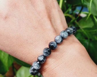 Bracciale Hawkseye • Bracciale in occhio d'aquila grigio da 8 mm • Bracciale RARO in occhio di tigre grigio - Accessorio regalo in cristallo Hawk Eye