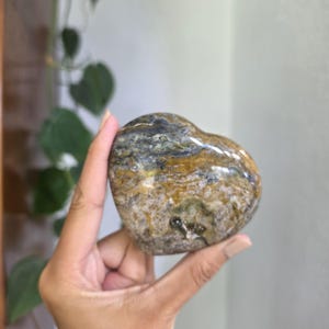 May include: A polished heart-shaped stone featuring a complex pattern of swirling colors including shades of dark gray, earthy brown, mustard yellow, and creamy white. The surface is smooth and reflective, showcasing natural mineral inclusions.
