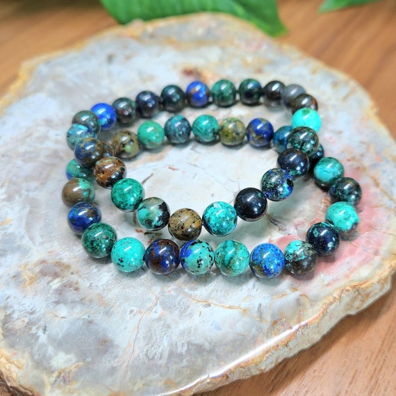 Azurite Malachite Bracelet • 8mm Malachite Azurite round bead gemstone bracelet • Azurite Malachite jewelry accessory gift