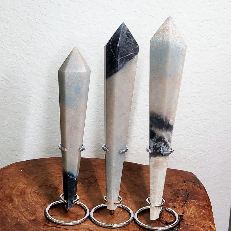 Trolleite wands on stand. Choose from 8" tall to 10.5" tall Trolleite crystal scepter. Ideal as home decoration and gifts to crystal collecting family and friends.