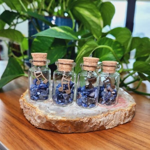Wish bottle•Crystal Wish Bottle 1.8"•Sodalite Crystal chips Wishing Jars •Glass gemstone bottle with charm •Crystal Gift