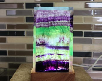 Fluorite Lamp • 4" tall Rainbow Fluorite crystal lamp • Rare Square Rectangular Crystal lamp gift home display • usb light base included