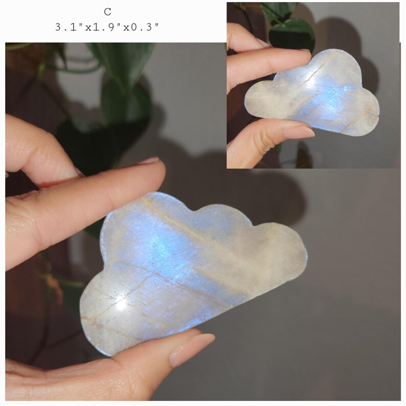 Super flashy Moonstone cloud shape carving in various sizes. Each piece is beautiful on its own. A fun gift to all family and friends. Strong blue and silver flashes in each piece.