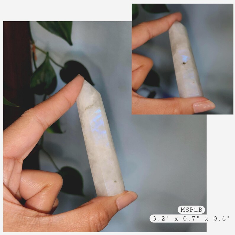 May include: A polished, hexagonal moonstone crystal tower with a milky white appearance and iridescent blue flashes. The crystal measures 3.2 inches by 0.7 inches by 0.6 inches, as indicated by the text label MSP1B on the image.