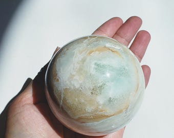 Caribbean calcite sphere, 2.9" Blue Aragonite sphere, Crystal gift home display decor mineral specimen ball orb