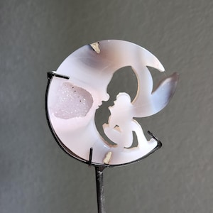 Agate Moon Fairy • 7&quot; Pink Druzy Agate Moon with fairy on stand • Agate Crescent Moon Fairy on stand • crystal gift home decoration
