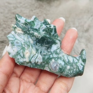 Moss Agate Dragon Head, 3&quot; Moss Agate Dragon Skull | Blue Green Sea Moss Dragonhead | Metaphysical Home Decor | Abundance