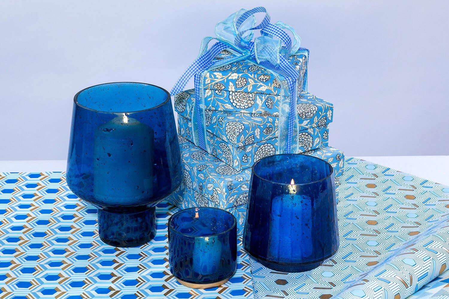 Blue glass hurricane candle holder top
