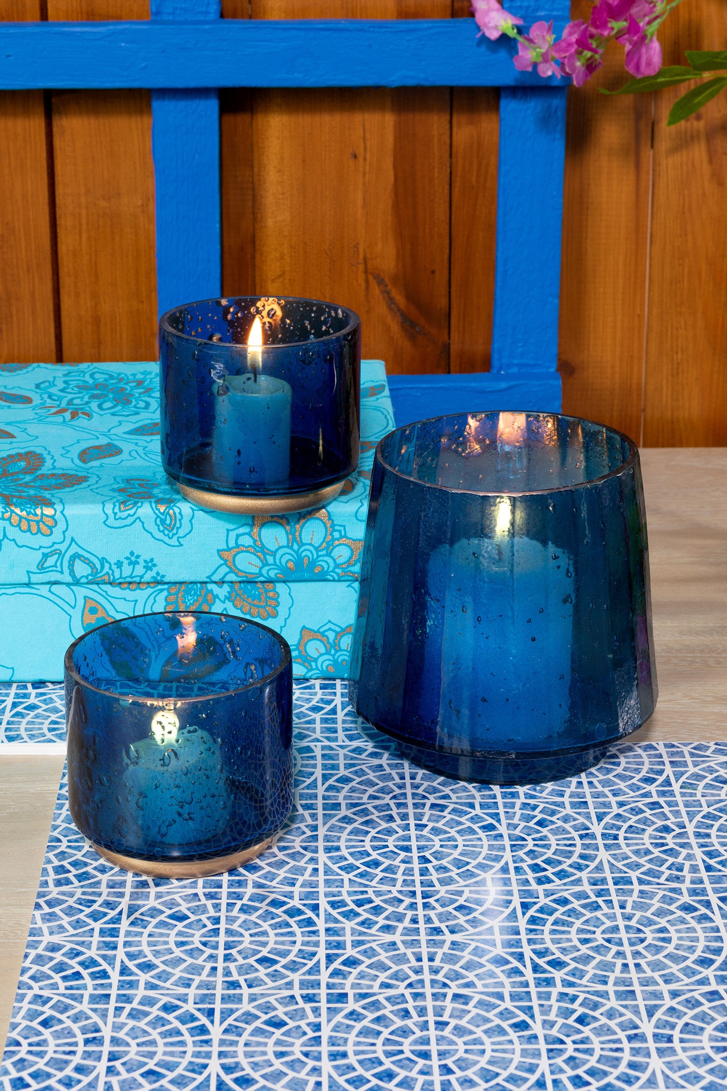 Hurricane Candle Holder Blue Glass Candle Holder Pebbled Etsy UK