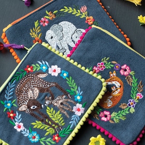 Zip Pouch With Embroidered Animal Design