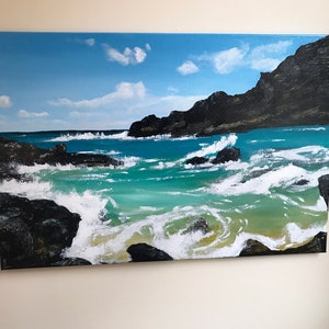 Makai: Towards the Sea, Original Acrylic Painting of a small cove in Hawaii