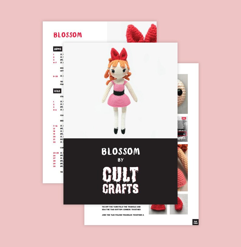 May include: Crochet pattern for a Blossom doll from the Powerpuff Girls. The pattern includes instructions for the arms, legs, and hair. The pattern is by Cult Crafts.