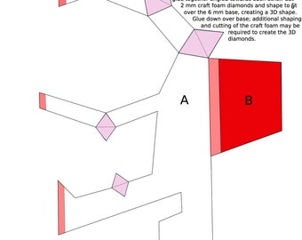 May include: A diagram for a mask, featuring sections labeled A and B. The mask design includes red-edged sections and diamond shapes, with instructions for cutting and assembly using 6 mm foam and craft foam.