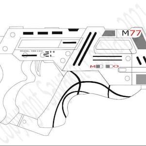 May include: A black and white line drawing of a futuristic pistol with the text "MODEL 78B-CEO" and "M77" on the side.