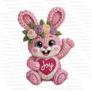 May include: A pink knitted bunny with a floral crown and a heart that says "Joy." The bunny is smiling and waving. The image is a digital illustration.