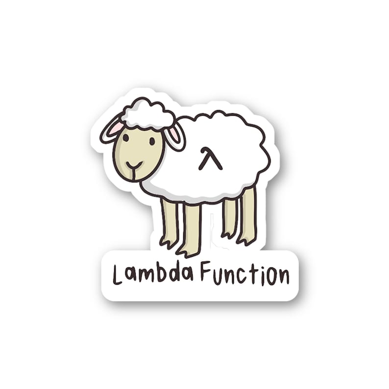 Puede incluir: Una oveja de dibujos animados blanca con la nariz rosa y los ojos negros. La oveja tiene un s&iacute;mbolo lambda en un lado y el texto "Lambda Function" debajo.