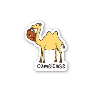 Puede incluir: Un camello de dibujos animados llevando un maletín marrón con el texto "camelcase" debajo.