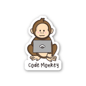 May include: A brown cartoon monkey sitting with a laptop computer. The monkey is wearing a light brown shirt and has a pink blush on its cheeks. The laptop is grey and has a white cloud icon on the screen. The text "Code Monkey" is written below the monkey.