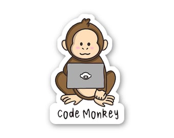 May include: A brown cartoon monkey sitting with a laptop computer. The monkey is wearing a light brown shirt and has a pink blush on its cheeks. The laptop is gray and has a white cloud icon on the screen. The text "Code Monkey" is written below the monkey.