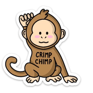 May include: A brown cartoon monkey wearing a brown jumpsuit with the text "CRIMP CHIMP" printed on the front. The monkey is sitting with its right arm raised and its left arm resting on its leg. The monkey has a white outline and a pink blush on its cheeks.