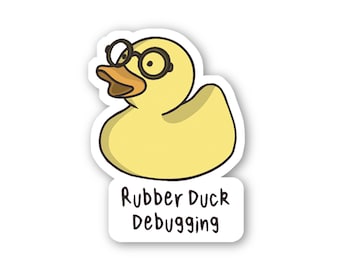 May include: A yellow rubber duck wearing glasses with the text "Rubber Duck Debugging" below it.