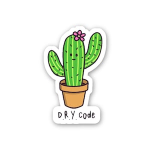 Könnte beinhalten: Ein grüner Kaktus mit einer rosa Blüte oben, in einem braunen Topf, mit dem Text "D.R.Y. code" darunter.