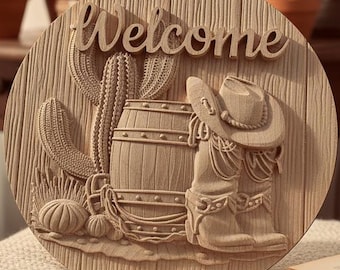 Rustic Western Welcome Sign: Cowboy Boots, Barrel & Cactus Wood Carving
