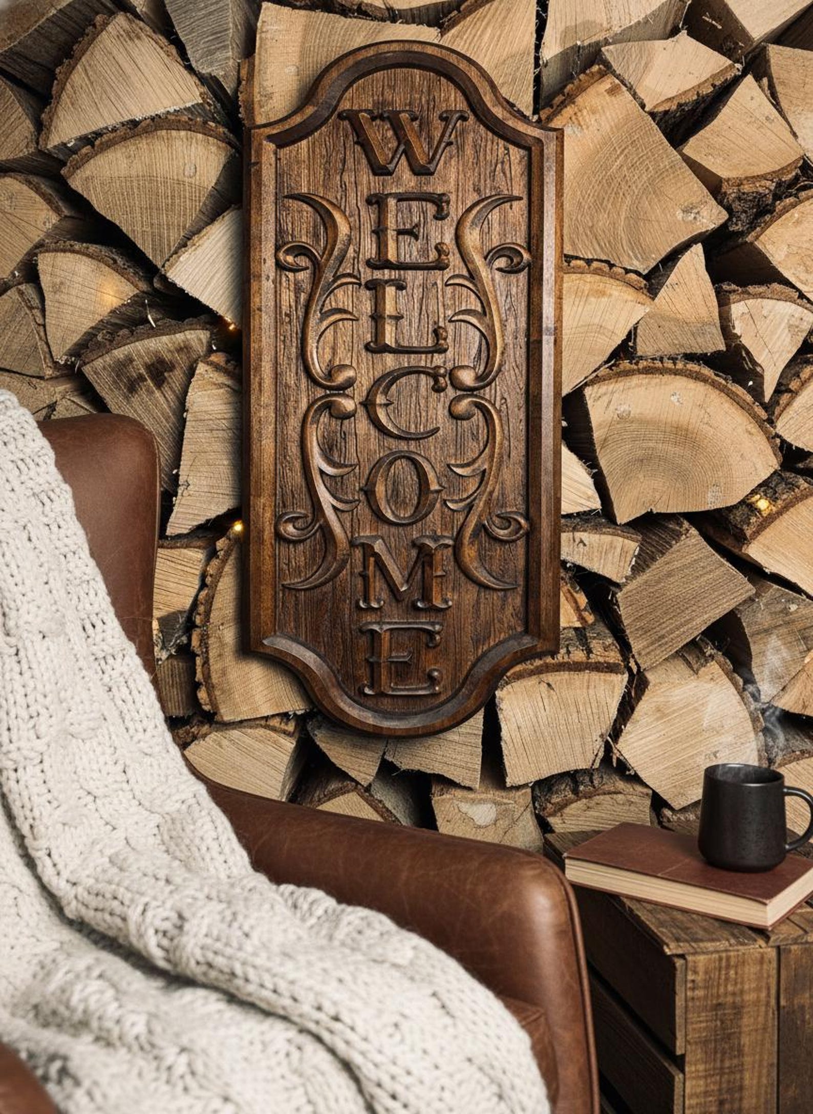 Vertical Welcome Sign – Rustic Wood Carving With Scroll Design ...