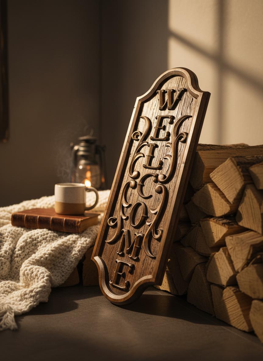 Vertical Welcome Sign – Rustic Wood Carving With Scroll Design ...