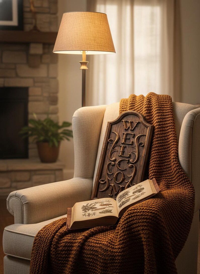 Vertical Welcome Sign – Rustic Wood Carving With Scroll Design ...