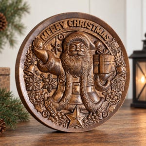 May include: A circular brown decorative plaque featuring a relief carving of Santa Claus holding a gift. The text MERRY CHRISTMAS is arched at the top. The design includes snowflakes, bells, holly, and a star at the bottom.