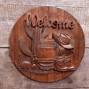 Rustic Western Welcome Sign - Carved Wooden Home Decor