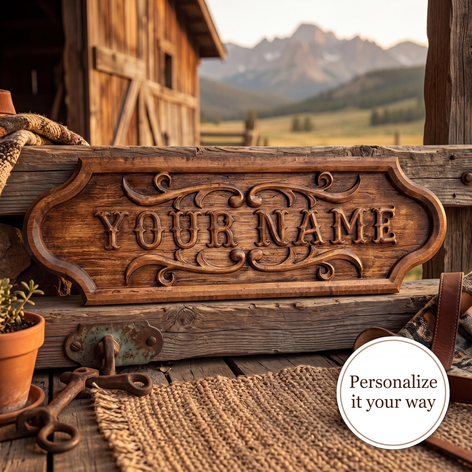 Maybaum - 12" Custom Carved Wooden Name Sign: Rustic Farmhouse Wall Decor