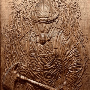 Brave Guardian - machine / handcrafted Firefighter Wood Carving Emerging from Flames
