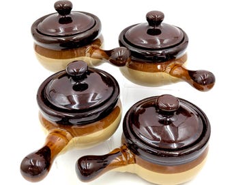 4 VTG French Onion Soup Crock Handled Bowls with Lid Brown Rustic Ombre Glazed