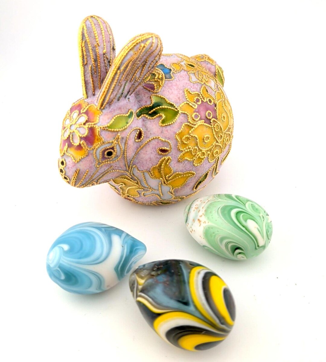 VTG Cloisonne Enamel Bunny Rabbit Floral Gold Pink 3” + Art Glass Eggs ...