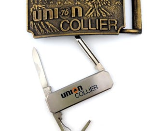 VTG Union 76 Collier Brass Belt Buckle+Stainless Pocket Multi-Tool/Utility Knife